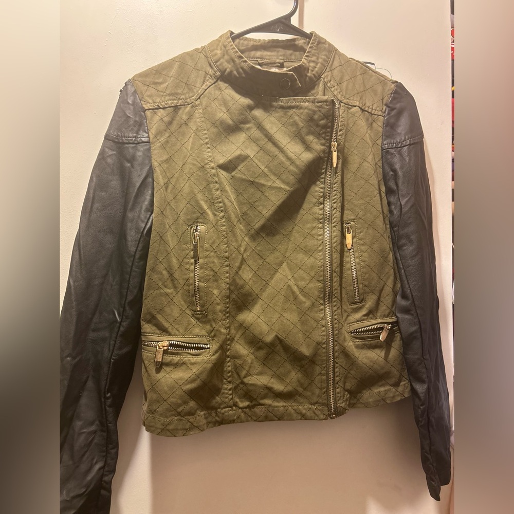 Downtown Coalition, Quilted Olive Bomber Motorcycle Jacket with Black Sleeves,Sm